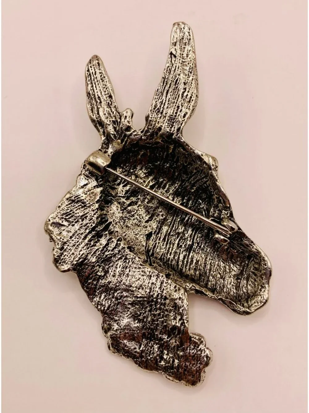 Silver Tone Donkey Head Brooch Pin Faux Pearl -59B